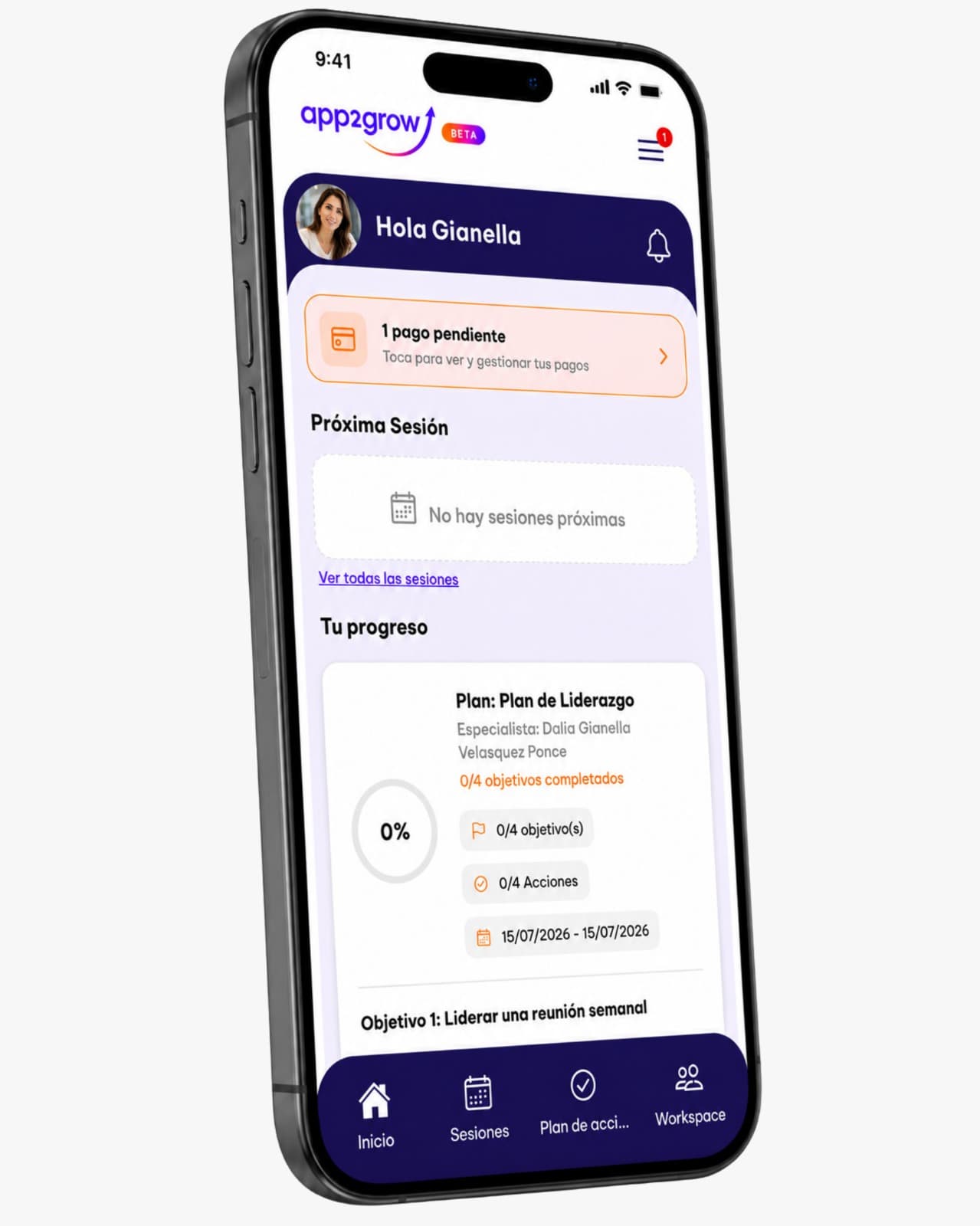 Aplicación móvil de app2grow mostrando la próxima sesión, el plan de liderazgo y el porcentaje de objetivos completados