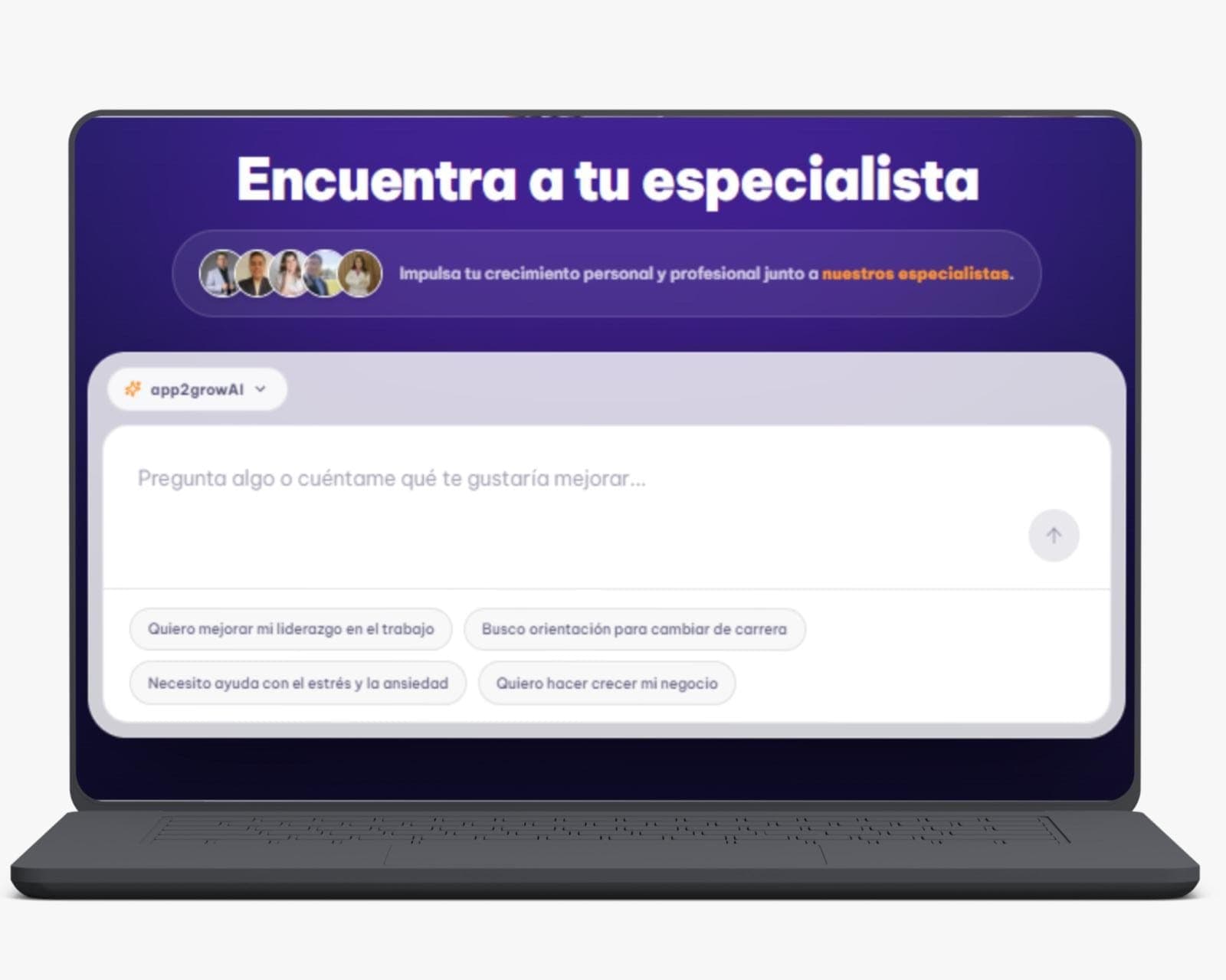 Buscador inteligente de app2grow con el mensaje «Encuentra a tu especialista» y sugerencias como mejorar el liderazgo o cambiar de carrera