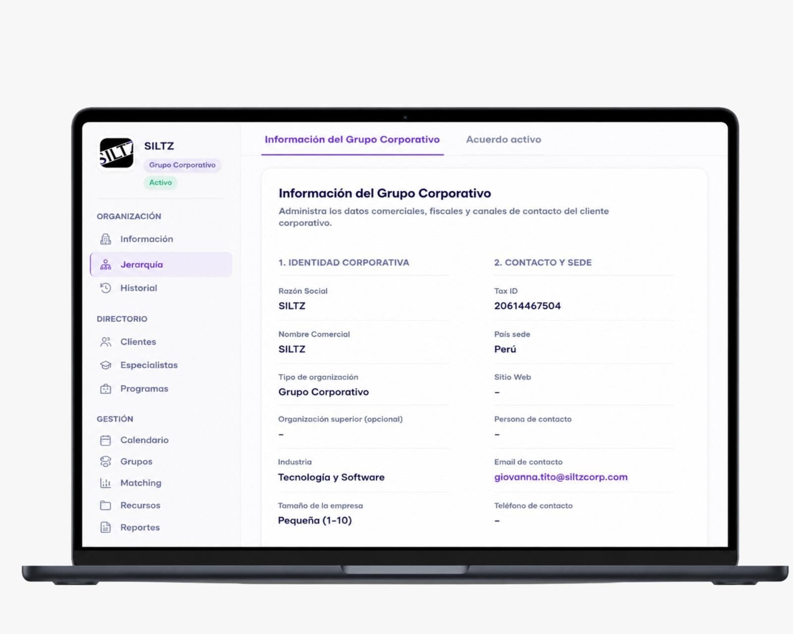 Portal de organizaciones de app2grow con la ficha de un grupo corporativo y el menú de clientes, especialistas y programas