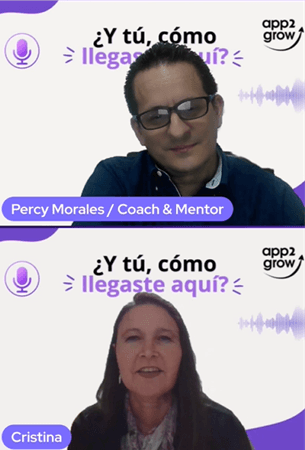 Percy Morales y Cristina Achondo durante la transmisión en vivo del podcast «¿Y tú, cómo llegaste aquí?» de App2Grow
