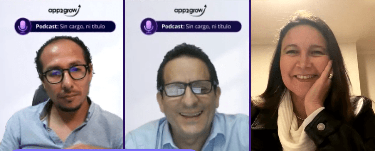 Sergio Gamarra, Percy Morales y Cristina Achondo en la transmisión en vivo del podcast «Sin cargo, ni título» de App2Grow